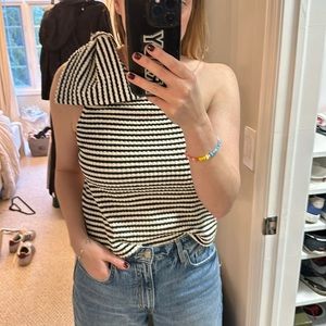 One shoulder black and white stripe club Monaco shirt with oversize bow